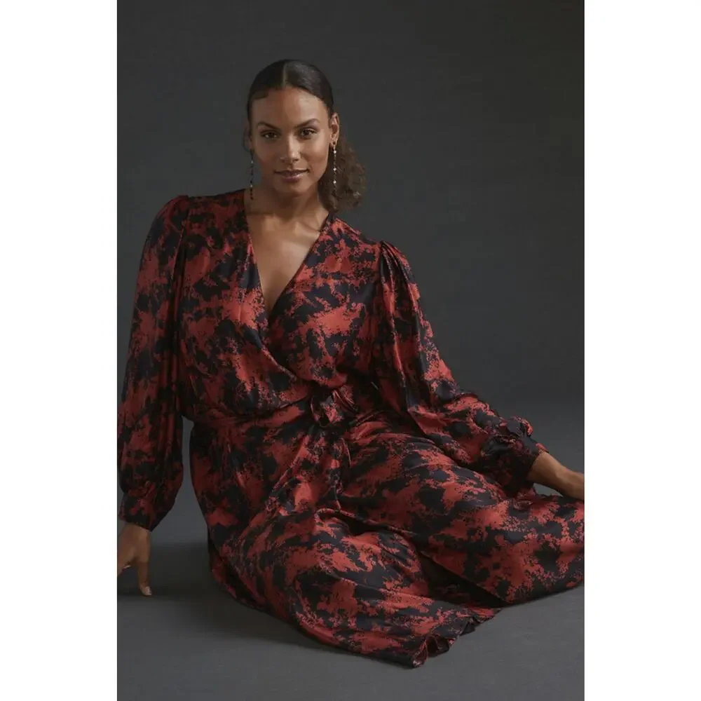 Anthropologie x Caballero Silky Abstract Wrap Midi Dress Red & Black Anthro XS - Picture 16 of 16